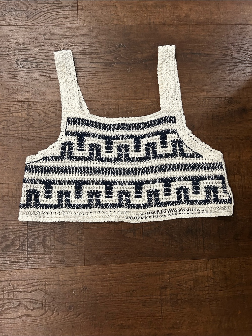SHEIN Cream and Navy Crochet Square-Neck Crop Tank
